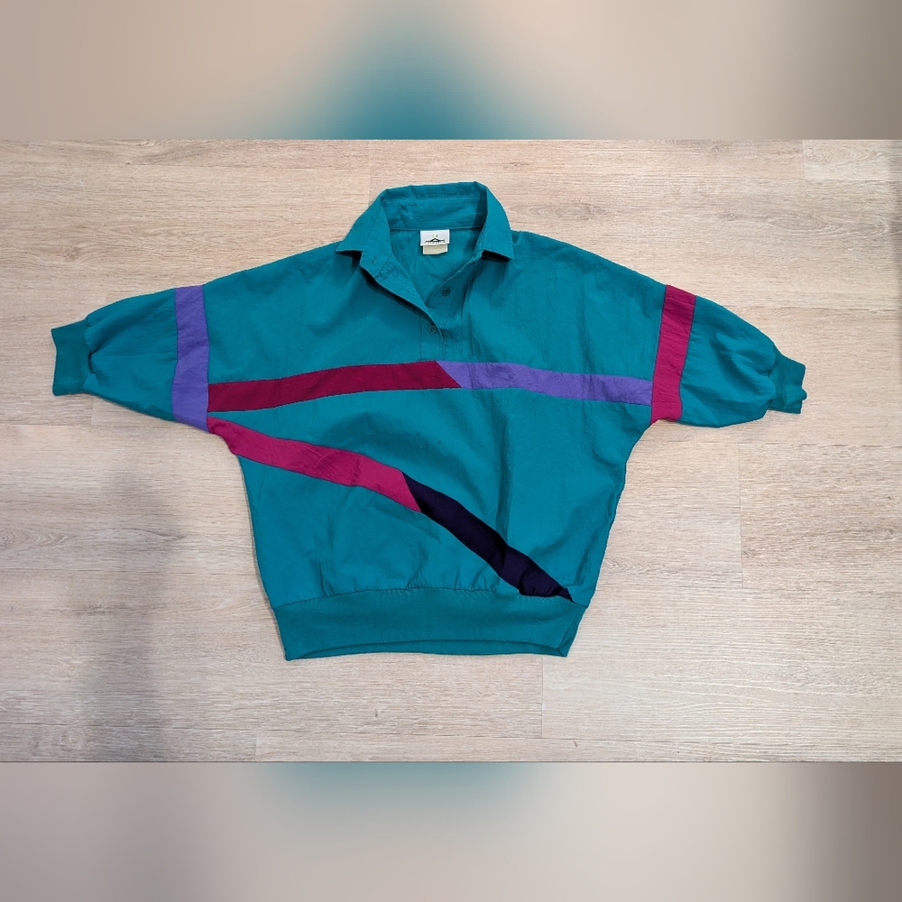 Vintage Cortiva Teal Colorblock Windbreaker Pullover 80s 90s